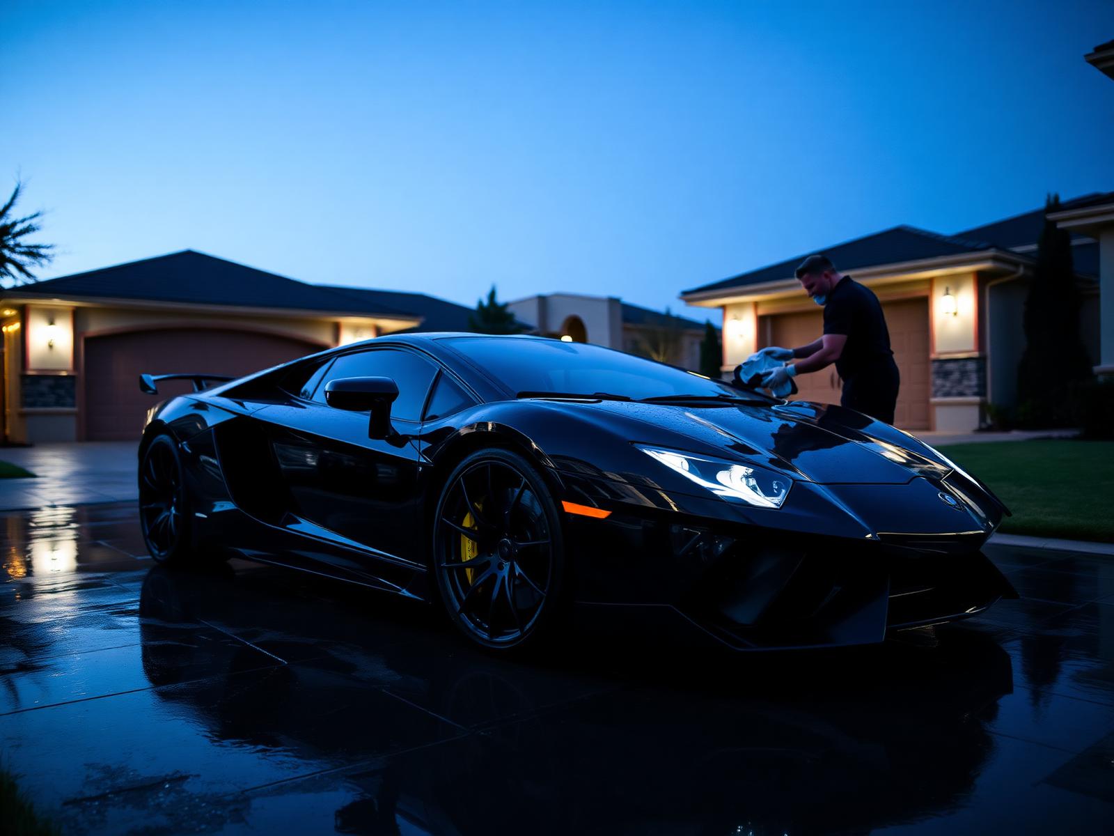 Professional mobile detailer finishing a black exotic sports car in a luxury driveway at dusk